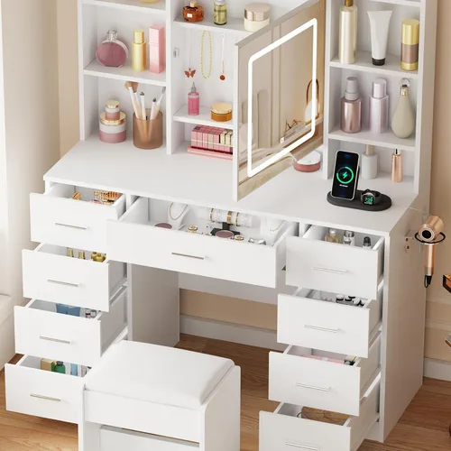 Miniatura 2 de BEWISHOME - Escritorio de maquillaje con espejo y luces, mesa de tocador con toma de corriente, mesa de tocador con taburete con 9 cajones y 6