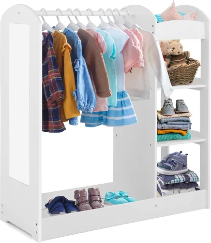 Miniatura 10 de Costzon Almacenamiento de disfraces para niños con espejo, perchero, estantes de 3 niveles, bandeja inferior, centro organizador de disfraces