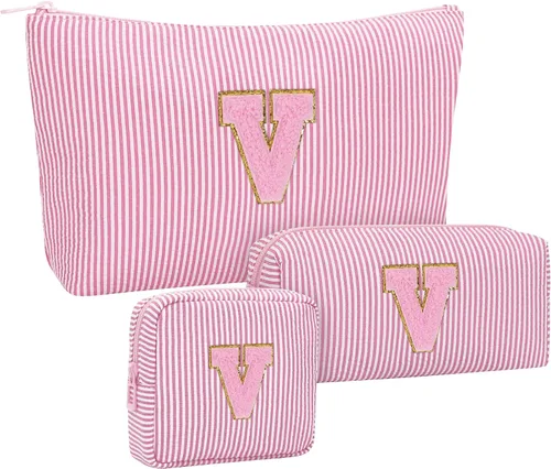 Miniatura 104 de Juego de bolsas de maquillaje con iniciales para niñas y mujeres, bolsa de cosméticos con monograma con soporte para cepillos, estuche de maquillaje