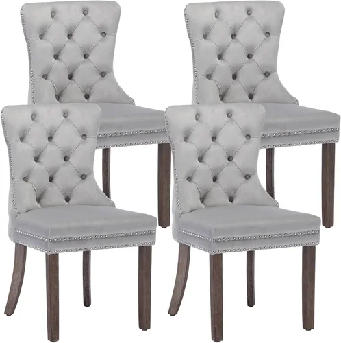 Miniatura 14 de KCC Nikki Collection - Juego de 4 sillas de comedor de terciopelo tapizadas de alta gama con anillo trasero de clavo, patas de madera maciza