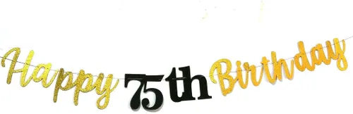 Miniatura 3 de Cartel de feliz cumpleaños 75 con purpurina, cartel de feliz cumpleaños 75 negro y dorado, suministros de decoración de fiesta de cumpleaños 75
