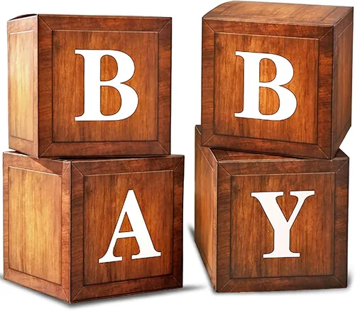 BabyWood Cajas de grano marrón – Juego de regalo para bebé de 4 piezas con letras, tema de oso de peluche, decoración de fiesta de revelación de