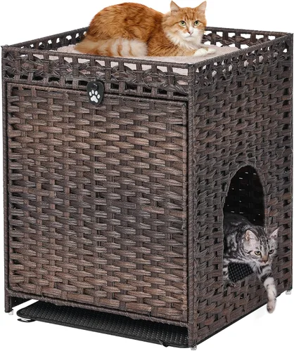 Miniatura 10 de Caja de arena para gatos con alfombrilla de arena suave; muebles ocultos de baño para gatos con puerta; casa de gato de ratán tejida a mano; jaula