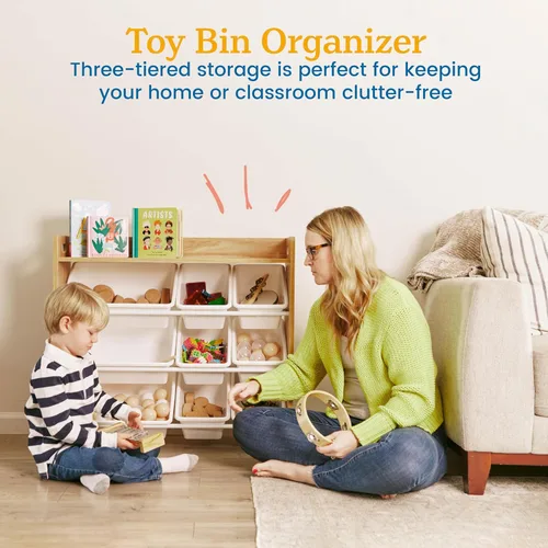 Miniatura 4 de ECR4Kids Organizador de 3 niveles con estante y 9 contenedores, almacenamiento para juguetes, natural oscuro/blanco
