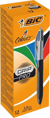 BIC Grip Pro - Bolígrafos retráctiles de punta media (0.039 pulgadas) de 4 colores, 12 bolígrafos y cada bolígrafo contiene 4 colores