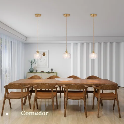 Miniatura 5 de Shenmoyl Lámpara colgante con pantalla de vidrio transparente a rayas, luz colgante vintage de latón, luz colgante ajustable para cocina, isla