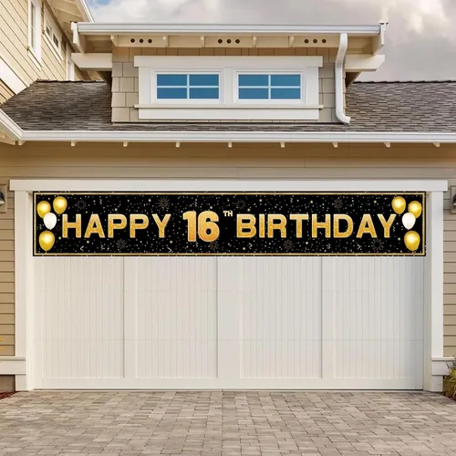 Miniatura 4 de Decoraciones de cumpleaños número 16 para niños y niñas, pancarta de decoración de feliz cumpleaños de 16 años en negro y dorado, suministros