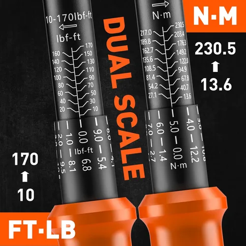 Miniatura 4 de HORUSDY Juego de llaves dinamométricas de clic de accionamiento de 1/2 pulgada – 10-170 ft-lb / 13.6–230.5 Nm, ±3% de precisión, escala doble