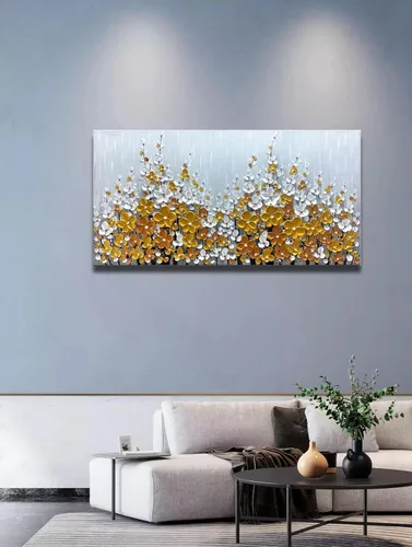 Miniatura 4 de Yika Art Pinturas – Arte de pared de árbol de flores de plata dorada 3D de 24 x 48 pulgadas, cuchillo texturizado abstracto, pintura acrílica sobre