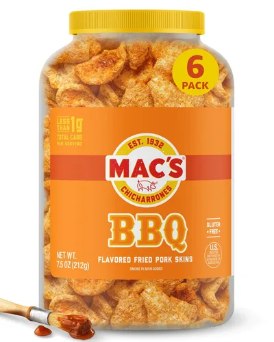 Mac's Pieles de cerdo fritas a la barbacoa, chicharrones con sabor a barbacoa, bajo en carbohidratos, sin gluten, aperitivo apto para dieta