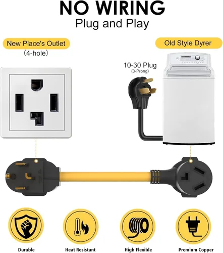 Miniatura 2 de Adaptador de secadora de 4 clavijas a 3 clavijas secadora más antigua a casa más nueva 1 pie 30 amperios con cable de tierra de seguridad NEMA