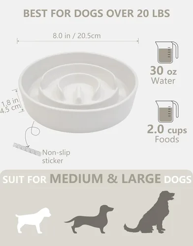 Miniatura 5 de Cuencos de cerámica para perros de alimentación lenta, 2.0 tazas de comedero lento para perros medianos y grandes, cuenco de laberinto de Blanco