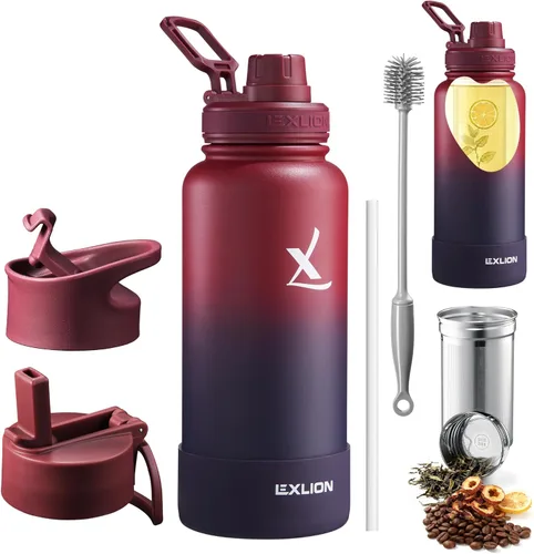 Miniatura 16 de Lexlion Botella de Agua con Infusor de Té 32 Oz – Termo de Acero Inoxidable con Triple Pared Aislada, Colador para Hojas Sueltas y Frutas, 3 Tapas a