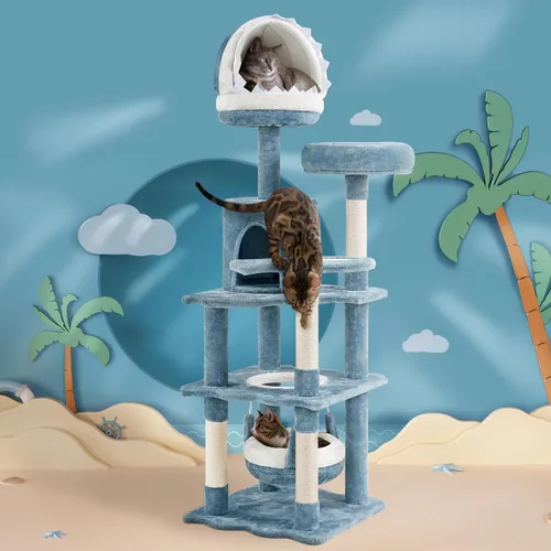 Miniatura 9 de Yaheetech Árbol para gatos con temática oceánica de 61 pulgadas de alto, torre para gatos de varios niveles con nido en forma de boca de tiburón