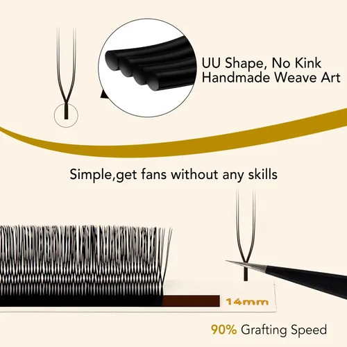 Miniatura 5 de KOLYBEL Extensiones de pestañas en U 2D UU 0.07 C, rizo C tejidas a mano, en forma de U, pestañas Easy Fan de 0.315-0.591 in, volumen ruso