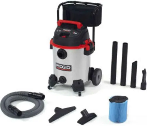 Ridgid 50353 1610RV Aspiradora de 16 galones para uso húmedo/seco de acero inoxidable con carretilla, motor de 6.5 HP máximo, ruedas grandes,