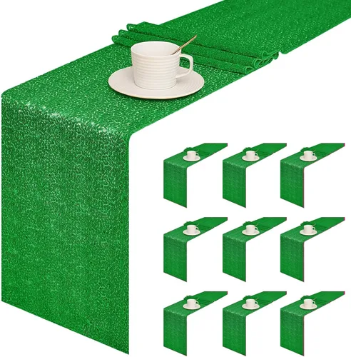 Miniatura 24 de Sugargirl Paquete de 10 caminos de mesa de lentejuelas de 12 x 72 pulgadas, camino de mesa verde manzana con purpurina para suministros de fiesta