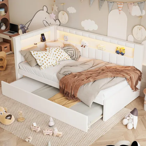 Cama de plataforma tapizada de tamaño individual con puertos USB y luces LED, sofá cama con nido y cabecera en forma de L, cama esquinera suave con