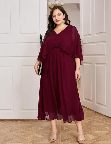 Miniatura 8 de Hanna Nikole Vestido de fiesta de noche de gasa con cuello en V para mujer, talla grande, manga capa, maxi vestidos para invitados de boda