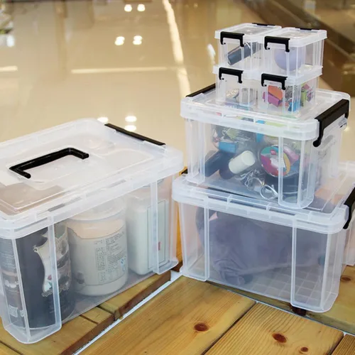 Miniatura 5 de Zerodeko Mini cajas de almacenamiento transparentes con asas, paquete de 5 recipientes pequeños transparentes para la oficina en casa, organización
