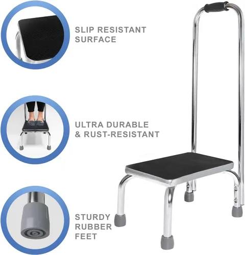 Miniatura 3 de Vaunn Taburete médico con asa y plataforma de goma antideslizante, taburete ligero y resistente para niños, adultos y personas mayores, cromado