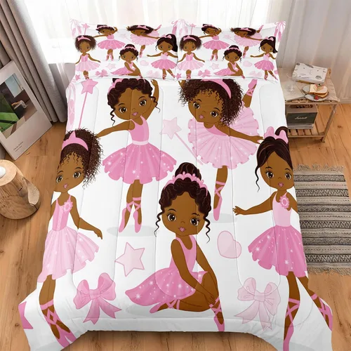 Miniatura 3 de Juego de ropa de cama individual para niñas, juego de edredón mágico afroamericano con bailarina de ballet, juego de cama rosa para niños pequeños