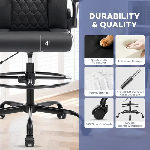 Miniatura 8 de Silla de dibujo de cuero, silla de oficina alta para escritorio de pie, silla de oficina de alto ejecutivo con soporte lumbar inflable, altura