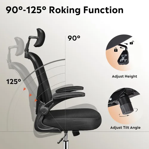 Miniatura 7 de DEVAISE Silla de Oficina de Respaldo Alto de Malla Ergonómica para Escritorio con Reposabrazos Abatibles, Reposacabezas Ajustable y Soporte Lumbar