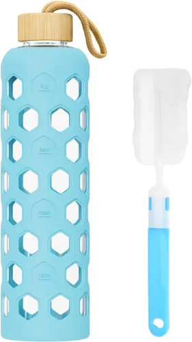 Miniatura 11 de Botella de agua de vidrio de 32 onzas con tapa de bambú, botellas reutilizables transparentes con funda de silicona y marcador de tiempo, vaso