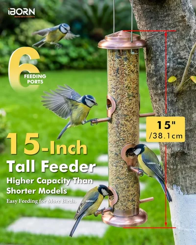 Miniatura 7 de iBorn Comedero de metal para pájaros de cobre cepillado, comedero para pájaros silvestres para colgar al aire libre, acabado de cobre cepillado