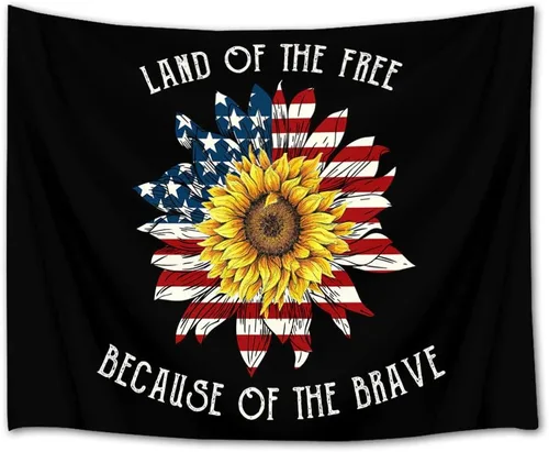 LB Tapiz de bandera estadounidense de girasoles, tapiz con cita inspiradora, tapiz para colgar en la pared, tapiz floral negro y amarillo, tapices