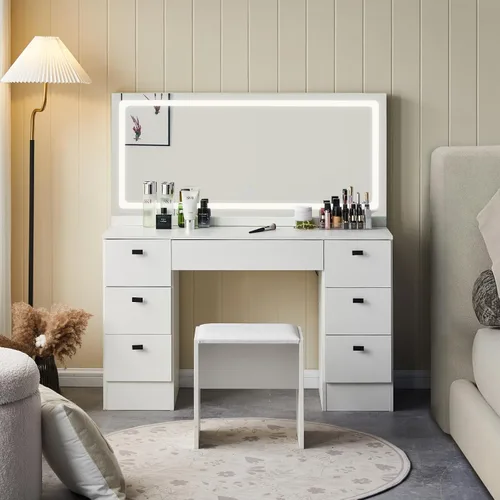 Miniatura 2 de CLIPOP Escritorio de tocador de maquillaje con espejo iluminado grande, mesa de maquillaje con 7 cajones, toma de corriente, control táctil, 3 modos