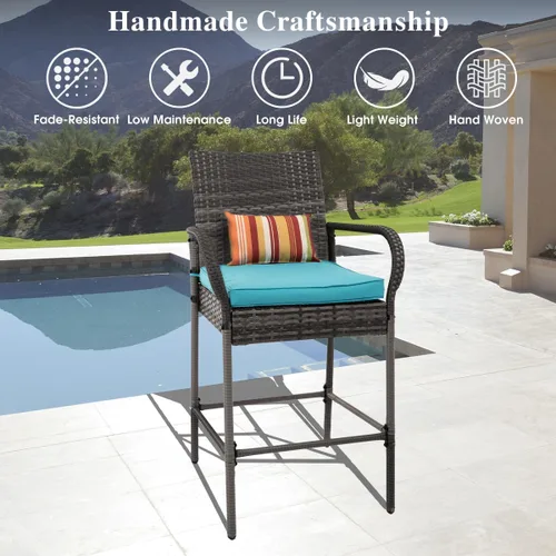 Miniatura 5 de Sundale Outdoor Juego de 2 taburetes de bar, 2 taburetes de mimbre de ratán, sillas de bar para patio con brazos, cojín azul, muebles de mimbre