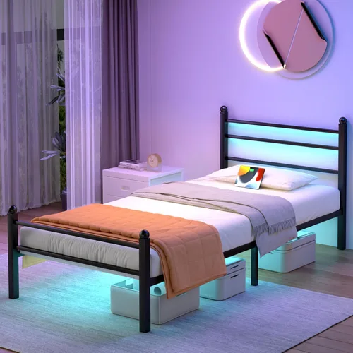 Miniatura 10 de J.Fkne Marco de cama individual con cabecero, cama de plataforma con LED y estación de carga, listones de metal resistentes, no necesita somier, sin