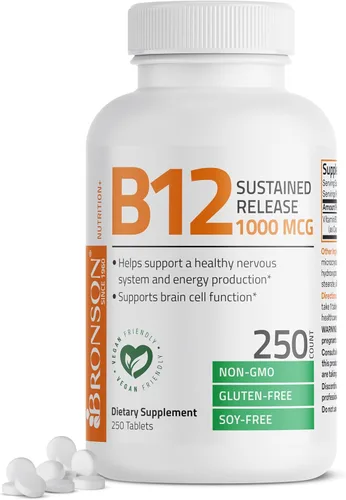 Bronson Vitamina B12 1000 mcg de liberación sostenida tabletas premium sin OMG que apoyan el sistema nervioso, la función cerebral saludable y la