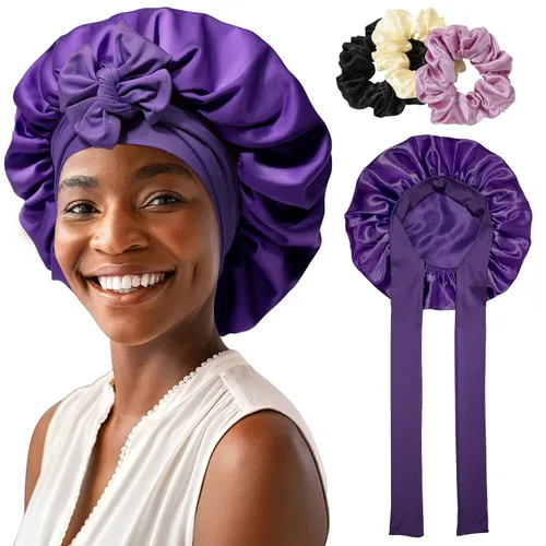 Miniatura 12 de Gorro de satén para mujer, con banda de amarre para el cabello, para dormir, grande de 2 capas, gorro de dormir de seda para dormir con 3 coleteros