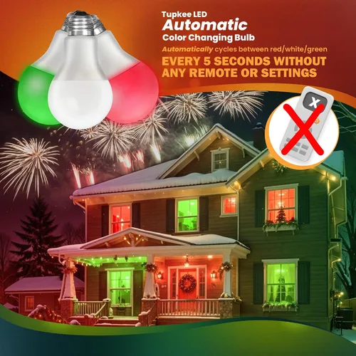 Miniatura 2 de Bombilla LED automática que cambia de color – Ciclos automáticamente entre rojo/verde/blanco cada 5 segundos – A19, E26, 2 W, bombilla LED de porche