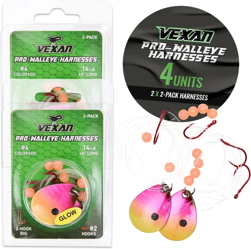 Miniatura 12 de Vexan Glow Walleye Spinner Rig - Live Bait Fishing Rig for Walleye with UV Glow Beads, #4 Colorado Spinning Plates, #2 Red J-Hook Setup, 48” Mono
