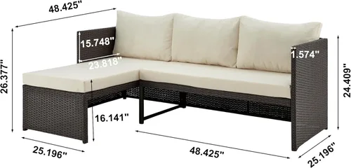 Miniatura 3 de Manhattan Comfort Menton - Juego de muebles de patio de 3 piezas, silla de salón y sofá de 2 plazas con mesa auxiliar, marco de acero envuelto