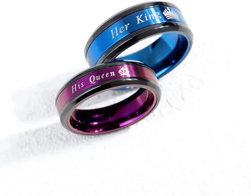 Miniatura 5 de Juego de 2 anillos a juego para parejas de rey y reina, anillos de compromiso de acero inoxidable