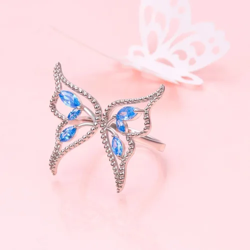 Miniatura 6 de DAOCHONG Anillos de mariposa con circonita cúbica azul y plata de ley 925 para mujeres y niñas, Plata, Zirconia cúbica