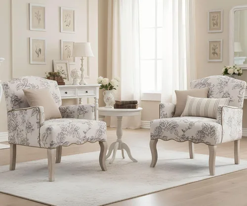 Miniatura 8 de Silla decorativa floral cómoda de tela, cómoda silla de lectura tapizada moderna con almohada extraíble con respaldo alado para sala de estar, Beige