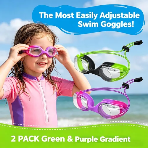 Miniatura 5 de Gafas de natación para niños, paquete de 2 gafas de natación de protección completa, sin fugas, antivaho para niños de 3 a 14 años Verde y Púrpura