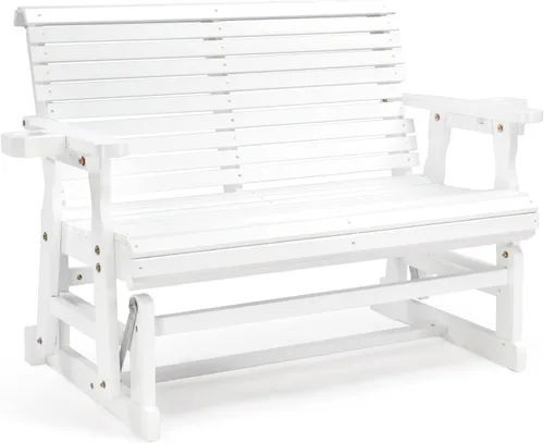 Miniatura 10 de VINGLI Planeador de madera para patio, resistente de 600 libras para exteriores con portavasos, banco de madera individual con respaldo alto
