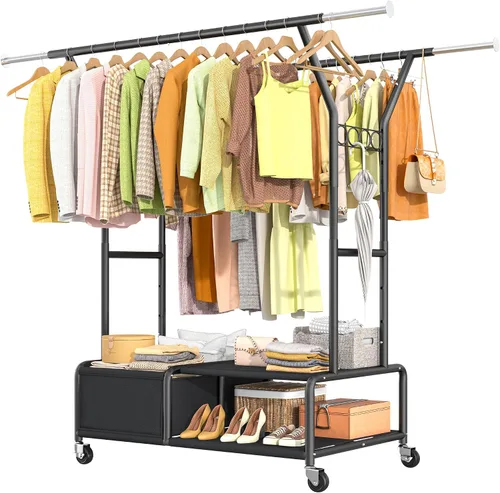 Miniatura 11 de Raybee Percheros para colgar ropa, perchero ajustable con ruedas bloqueables, estantes de almacenamiento, estante multifuncional para dormitorio