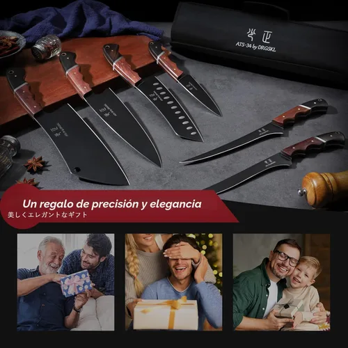 Miniatura 7 de Juego de cuchillos de cocina DRGSKL con bolsa - 6 piezas Juego de cuchillos de chef - Cuchillo de cortar, deshuesador, fileteador, santoku, cuchillo