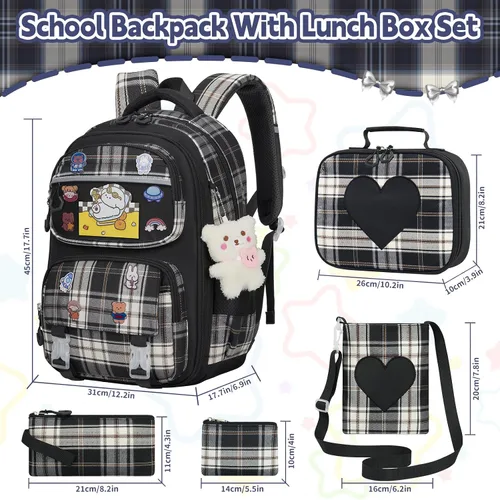 Miniatura 2 de Linda mochila para niñas, paquete de 5 mochila kawaii estética con juego de lonchera, bonita mochila escolar negra para niños y adolescentes
