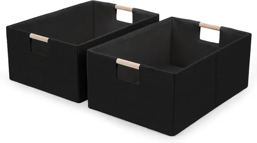 Miniatura 11 de Cubos de almacenamiento de tela plegables, 2 paquetes de cestas de almacenamiento de tela con asas de madera, contenedores organizadores plegables