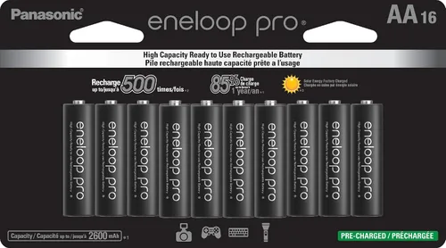 Eneloop Panasonic BK-3HCCA16FA Pro AA de alta capacidad Ni-MH, baterías recargables precargadas, paquete de 16