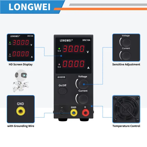 Miniatura 2 de LONGWEI Fuente de alimentación de CC variable, 30 V 10 A, 4 pantallas LED digitales, fuente de alimentación de conmutación regulada ajustable